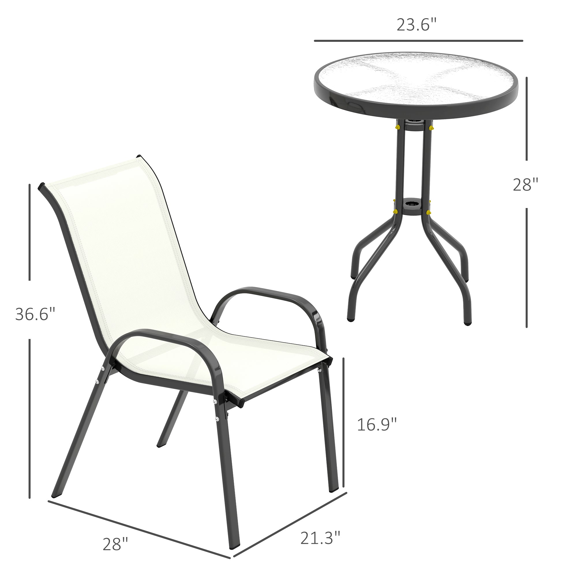 3 Pieces Bistro Set, Small Patio Furniture Set With Stackable Chairs And Glass Table For Backyard, Balcony, Beige