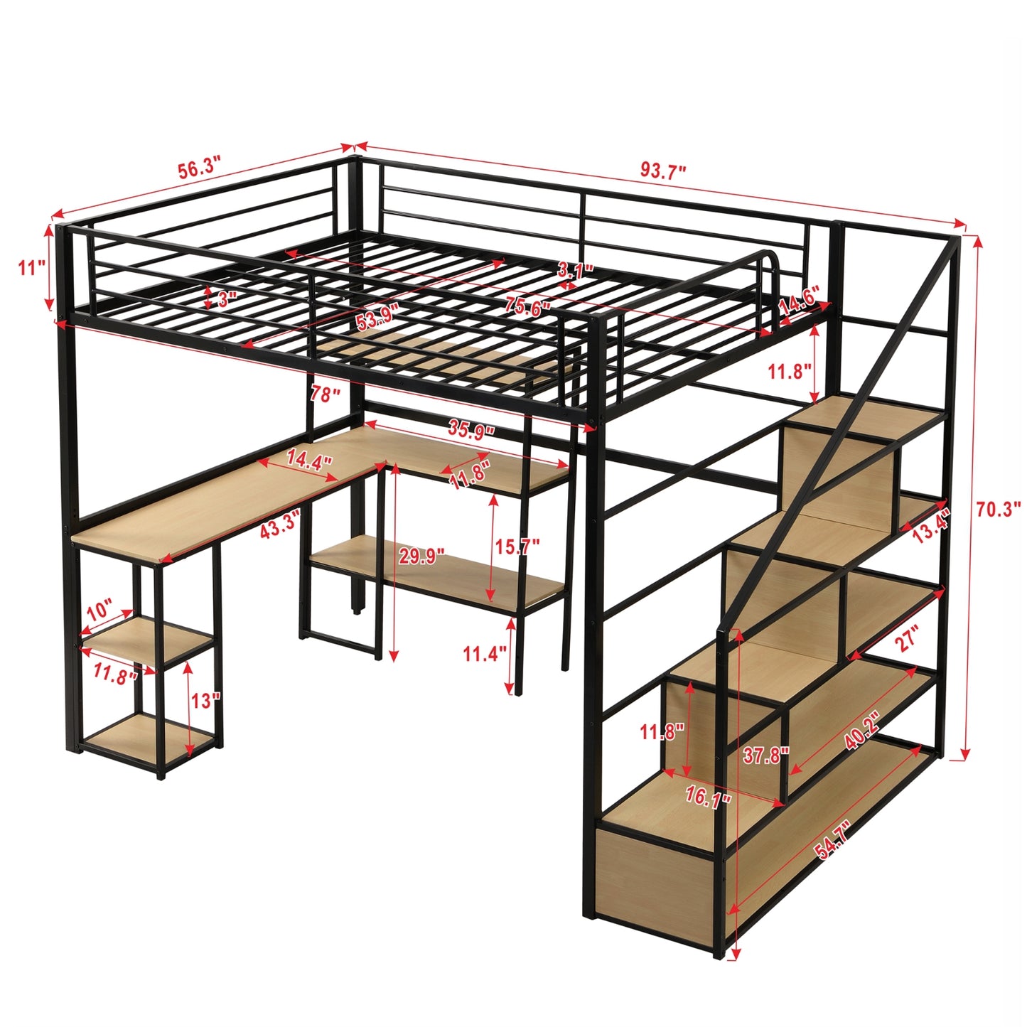 Full Size Metal Loft Bed With Staircase, Built-in Desk And Shelves, Black