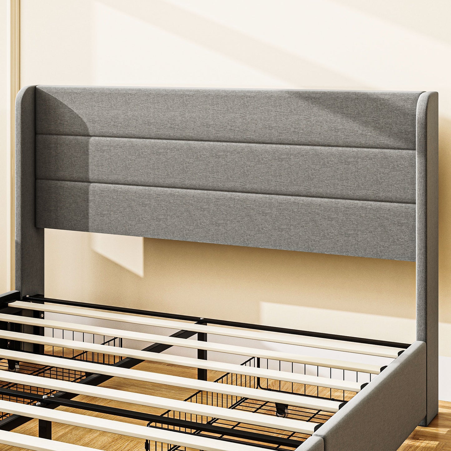 Queen Bed Frame with Storage Drawers, Queen Size Bed Base with Headboard, Wood Slats, Noise-Free, Light Gray