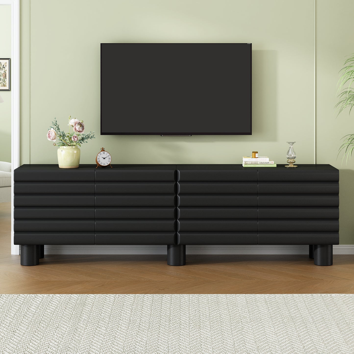 Stylish Thick Wavy Door TV Cabinet With Adjustable Shelves, Cream Style TV Stand With 4 Cabinets For TVs Up To 75 Solid Media Console With Cylindrical Legs And Cable Holes For Living Room, Black