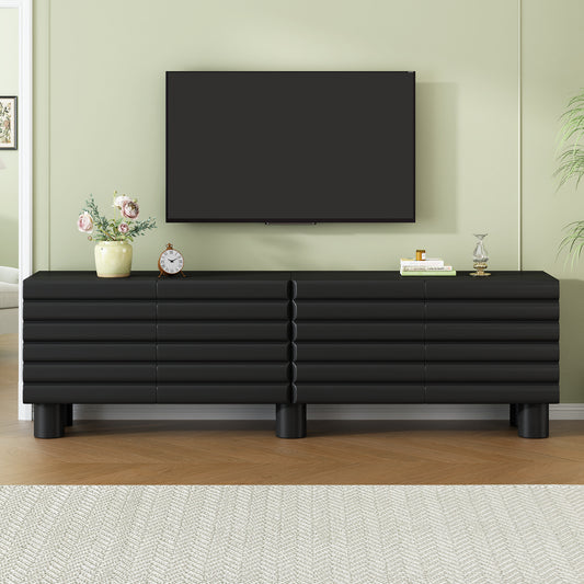 Stylish Thick Wavy Door TV Cabinet With Adjustable Shelves, Cream Style TV Stand With 4 Cabinets For TVs Up To 75 Solid Media Console With Cylindrical Legs And Cable Holes For Living Room, Black
