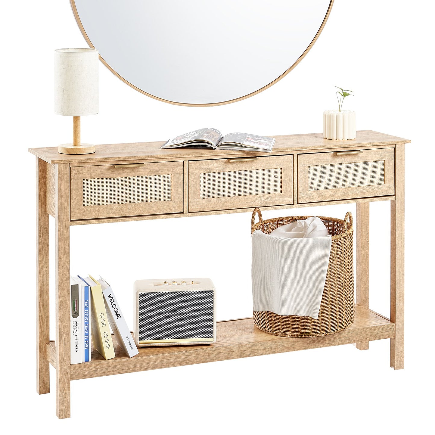 Rattan Console Table With 3 Storage Drawers, Rattan Entryway Table With Natural Rattan Sliding Door, Console Sofa Table For Living Room, Study, Entryway Or TV Wall, Natural