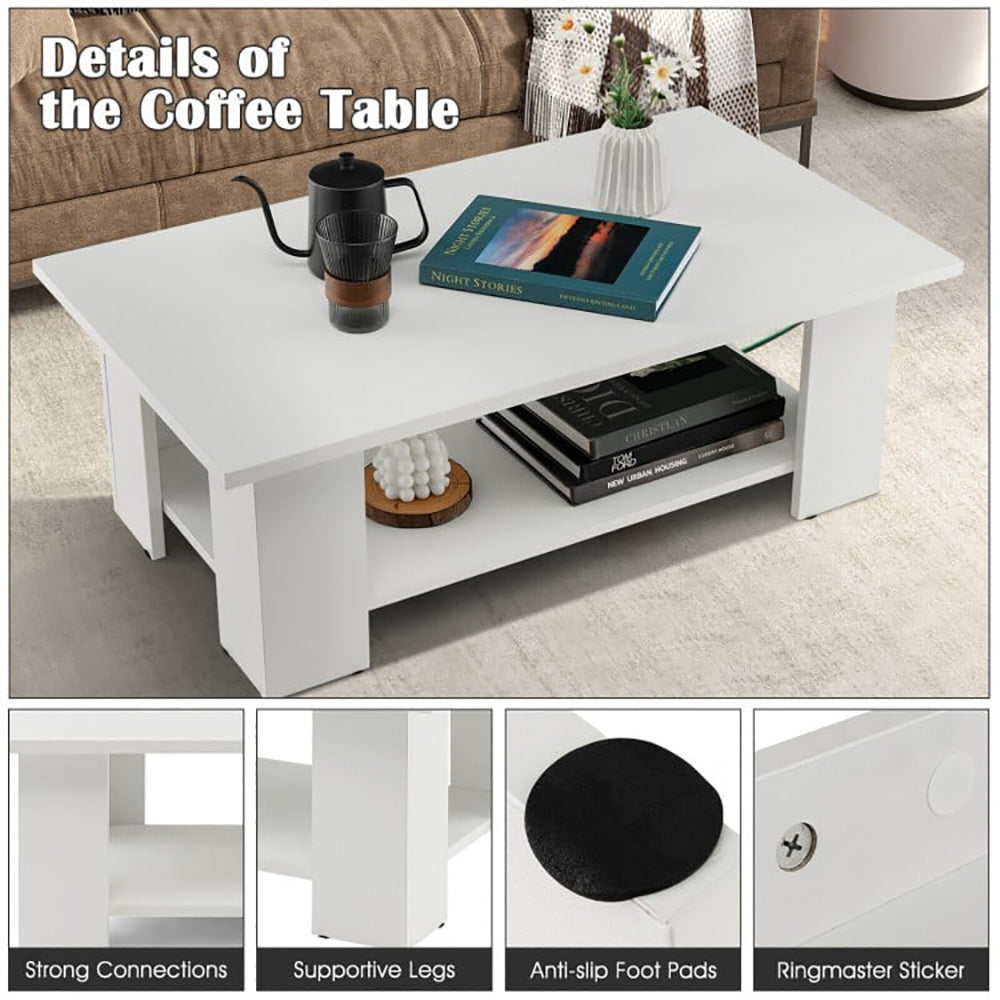 Large 41 Inch 2-tier Wooden Modern Coffee Table With Storage Shelf