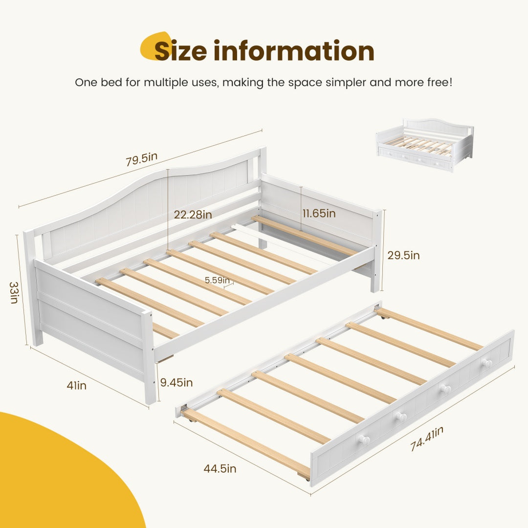Twin Size Day Bed Frame With Trundle, Integrated Headboard & Armrests, Space-Saving Trundle Bed , Sturdy Wood Construction
