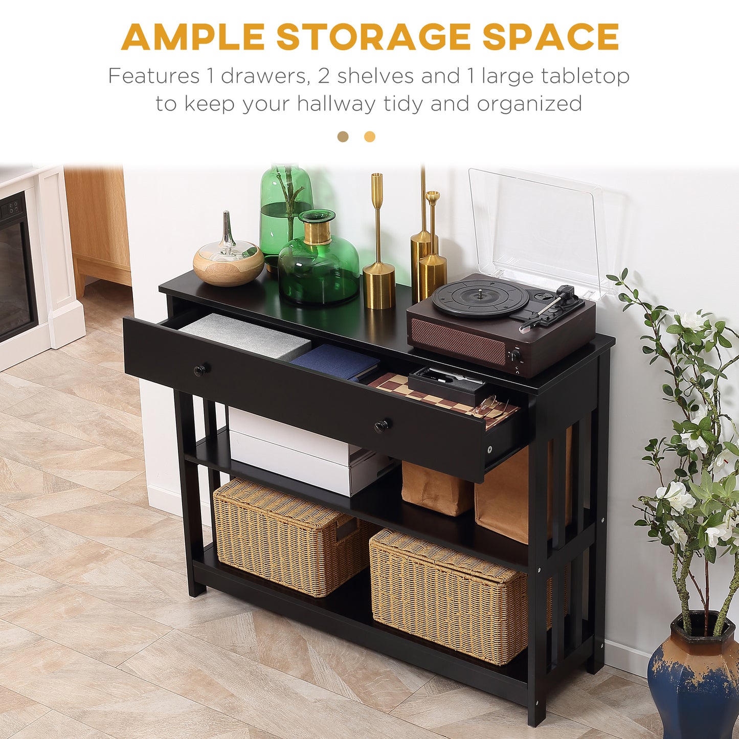 Console Hallway Table with Extra Wide Pull Out Drawer, 2 Open Shelves and Slatted Wood Frame Design, Black
