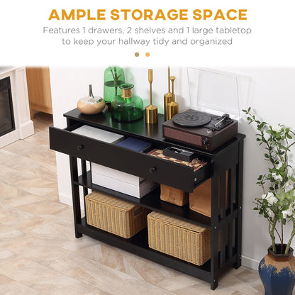 Console Hallway Table with Extra Wide Pull Out Drawer, 2 Open Shelves and Slatted Wood Frame Design, Black
