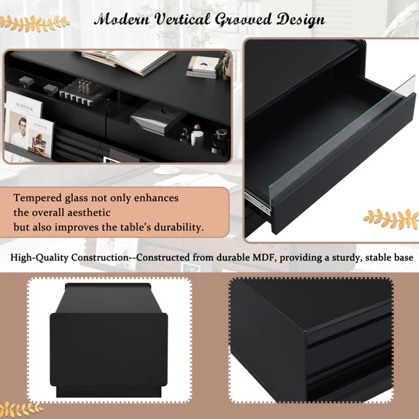 Modern Rectangle Coffee Table With 4 Drawers And 2 Display Shelves, Wood Coffee Table With Fluted Style, Tempered Glass For Living Room