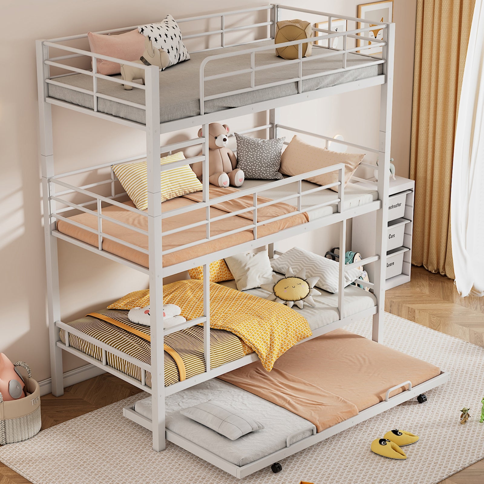 Metal Twin Size Triple Bunk Bed With Trundle, White
