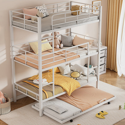 Metal Twin Size Triple Bunk Bed With Trundle, White