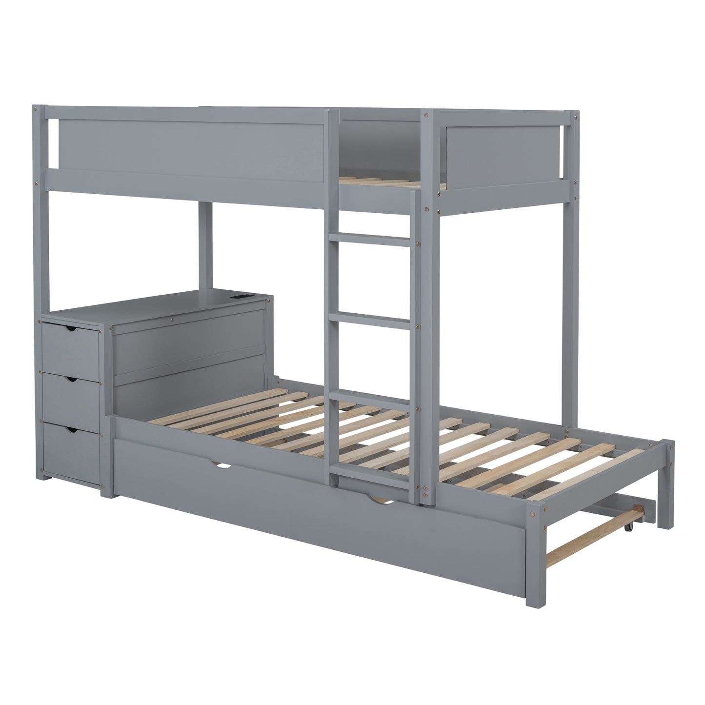 Twin-Over-Twin Bunk Bed With Twin Size Trundle, Storage And Desk, Gray