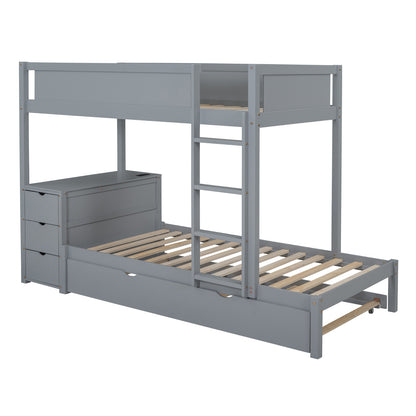 Twin-Over-Twin Bunk Bed With Twin Size Trundle, Storage And Desk, Gray