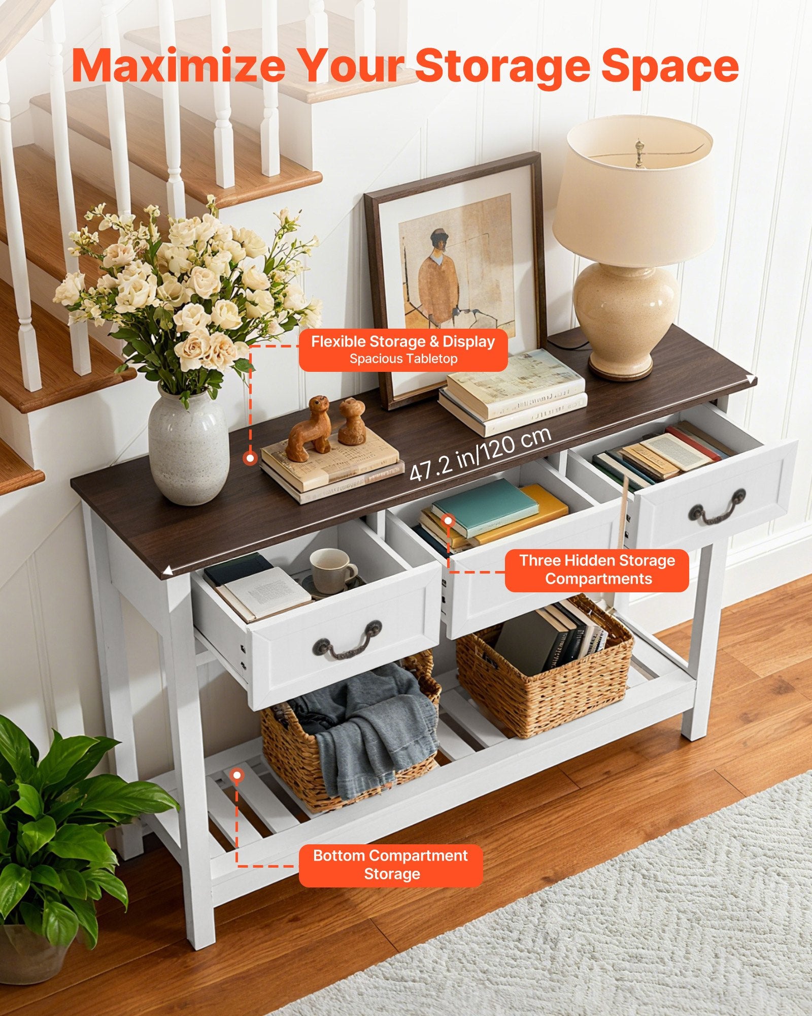 47 In Console Table, Farmhouse Desk Behind The Couch With Drawers And Bottom Storage Shelf, Wooden Rectangle Entrance Narrow Sofa Table For Hallway, Bedroom, Living Room, Foyer, Brown + White