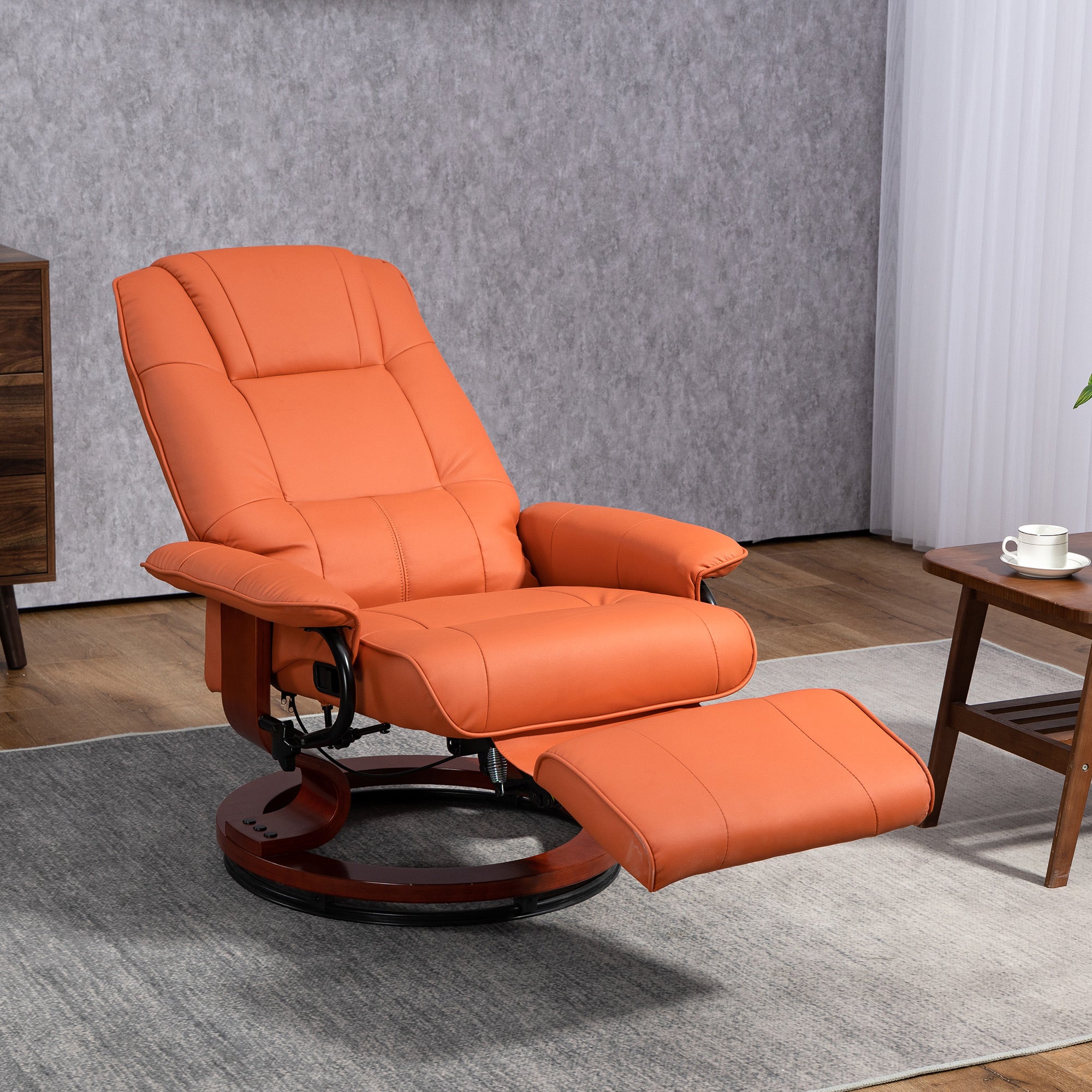 Faux Leather Recliner Chair, Swivel Recliner with Footrest, Armrest and Wood Base for Living Room, Orange