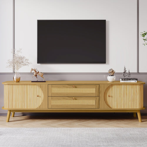 Rattan TV Stand For TVs Up To 75'', Modern Farmhouse Media Console, Entertainment Center With Solid Wood Legs, TV Cabinet For Living Room,Home Theatre