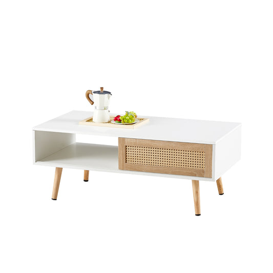 Rattan Coffee Table With Sliding Door And Solid Wood Legs - Modern Living Room