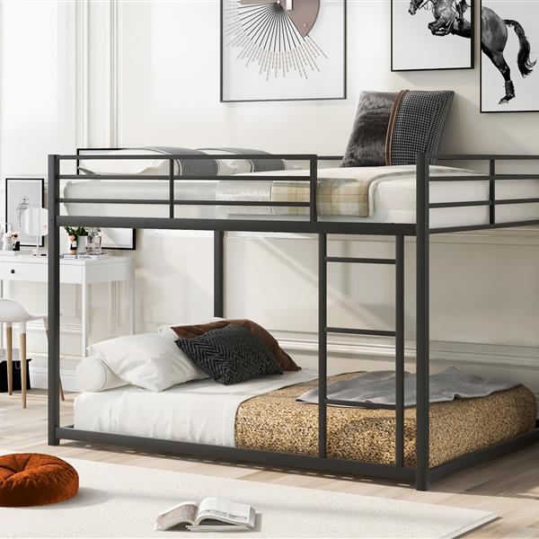 Full Metal Bunk Bed, Low Bunk Bed With Ladder, Black