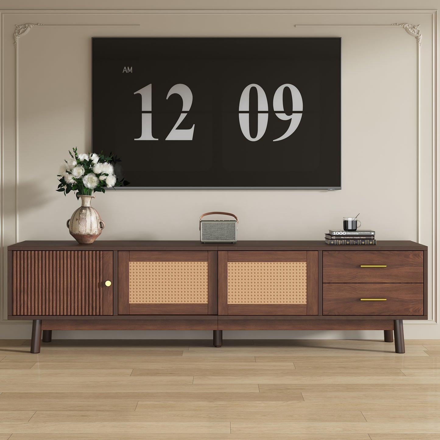 Mid Century Modern TV Stand For 80 TVs, Entertainment Center With Sliding Doors And Drawers, TV Table With Storage For Living Room, Bedroom