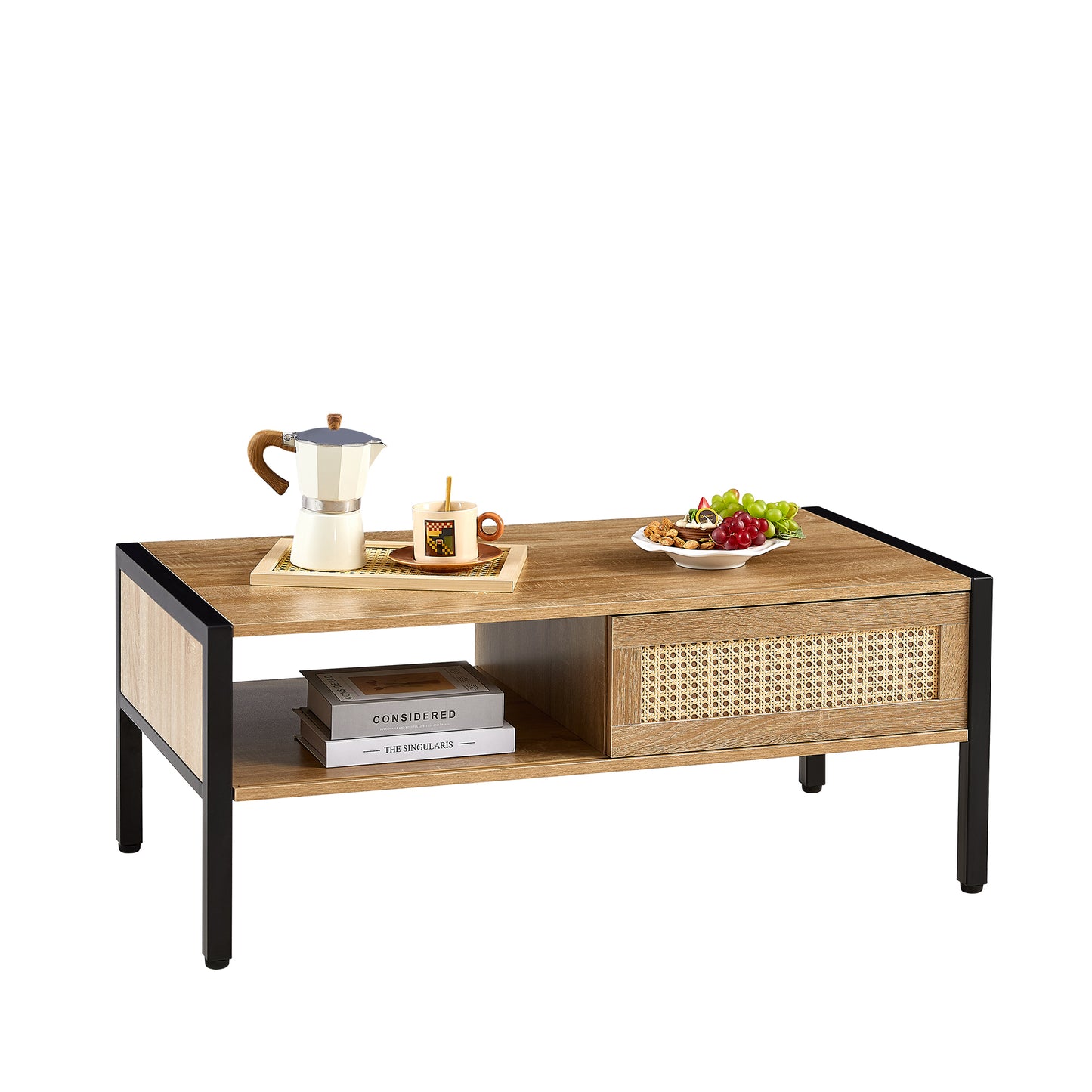 Rattan Coffee Table Metal Legs Modern Table Sliding Door For Storage