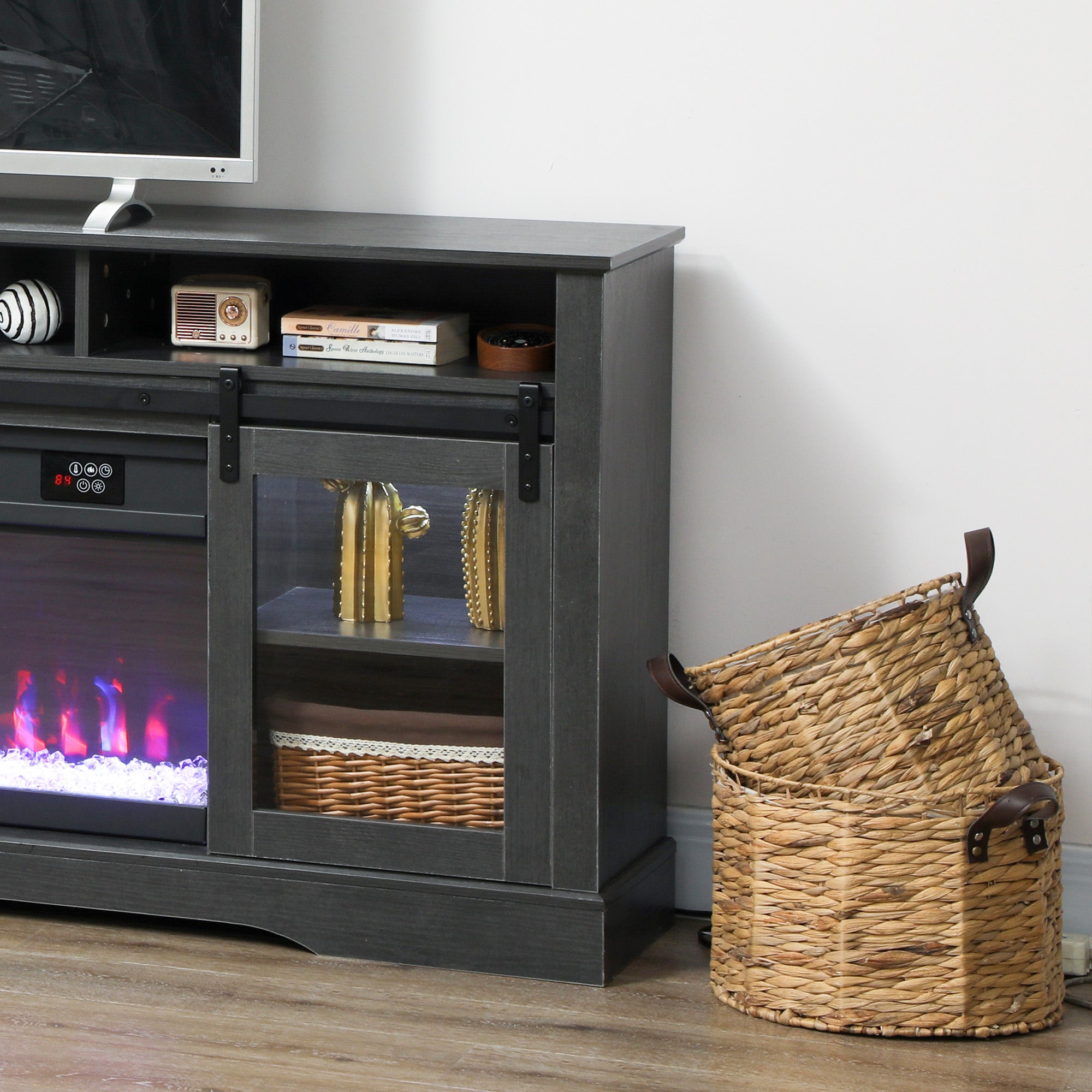 Fireplace TV Stand for TVs Up to 80 Inch, TV Console with Electric Fireplace, Open Storage and Side Cabinets, Gray