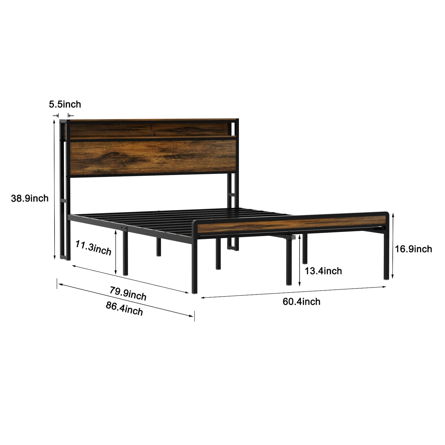 Queen Size Bed Frame, Storage Headboard With LED Light, Charging Station, Solid And Stable, Noise Fr