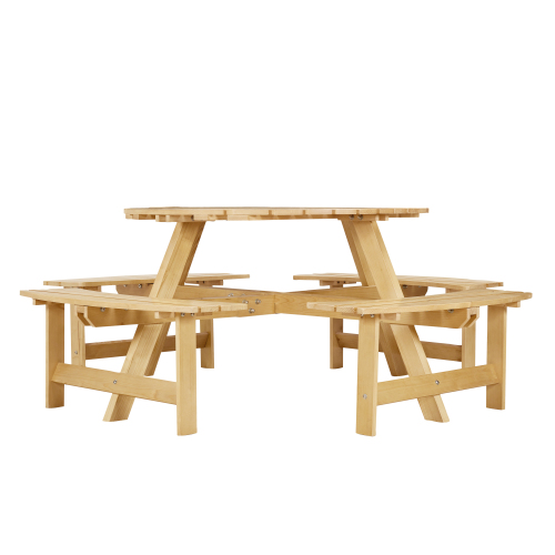 Outdoor 8 Person Picnic Table, 8 Person Round Picnic Table With 4 Built-in Benches, Umbrella Hole, Outside Table And Bench Set For Garden, Backyard, Porch, Patio, Natural