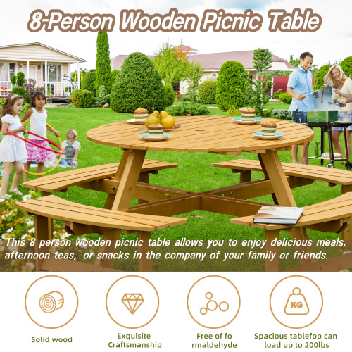 Outdoor 8 Person Picnic Table, 8 Person Round Picnic Table With 4 Built-in Benches, Umbrella Hole, Outside Table And Bench Set For Garden, Backyard, Porch, Patio, Natural