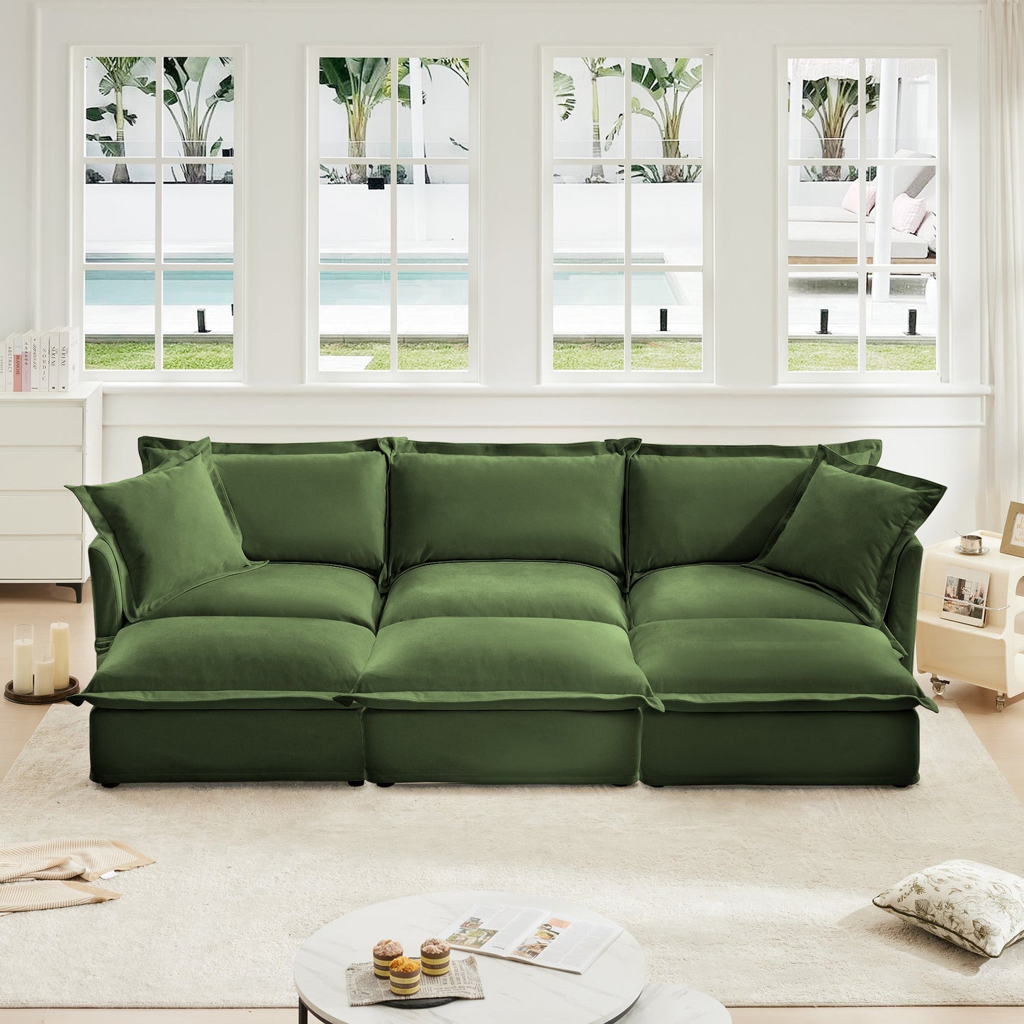 Chenille 3-Seater Slipcovered Sofa with 3 Ottomans