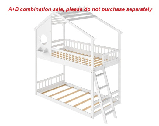 A-B Combination Sale, Please Do Not Buy Separately---Wood Twin Over Twin House Bunk Bed, Loft Bed With Ladder, Safety Guardrail, Wooden Slats & Window