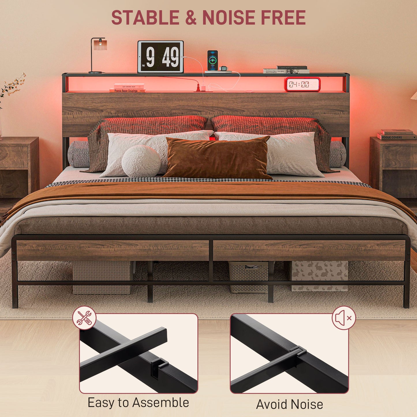 King Size Bed Frame with LED Lights and Charging Station, King Bed Frame with Storage Headboard, Noise-Free, Walnut