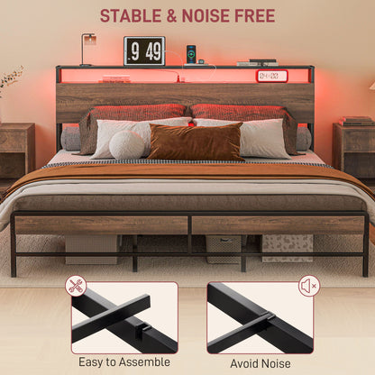 King Size Bed Frame with LED Lights and Charging Station, King Bed Frame with Storage Headboard, Noise-Free, Walnut