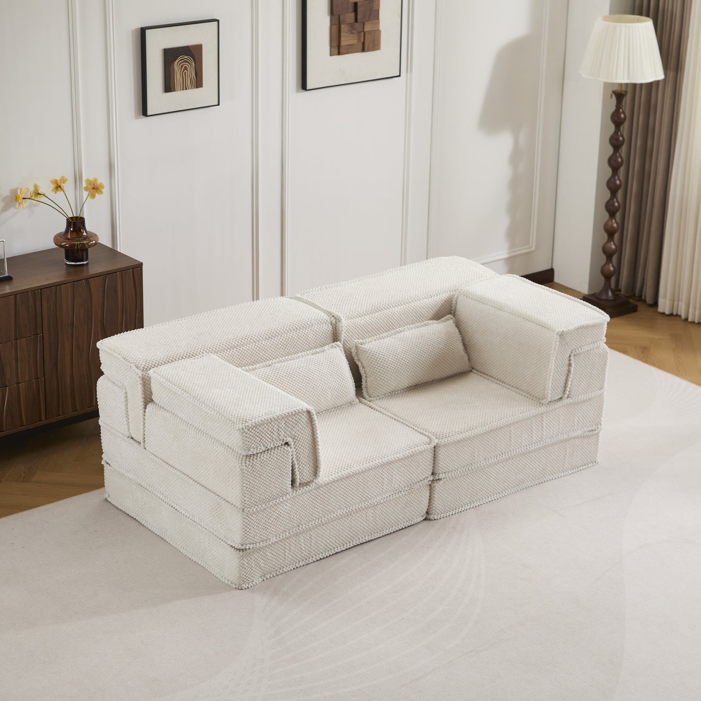 Compression Mahjong Sofa,Convertible Floor Sofa Bed,DIY Boneless Modular Sectional Sofa,No Assembly Required,Circle Fleece Fabric,Modern Oversized Loveseat,White