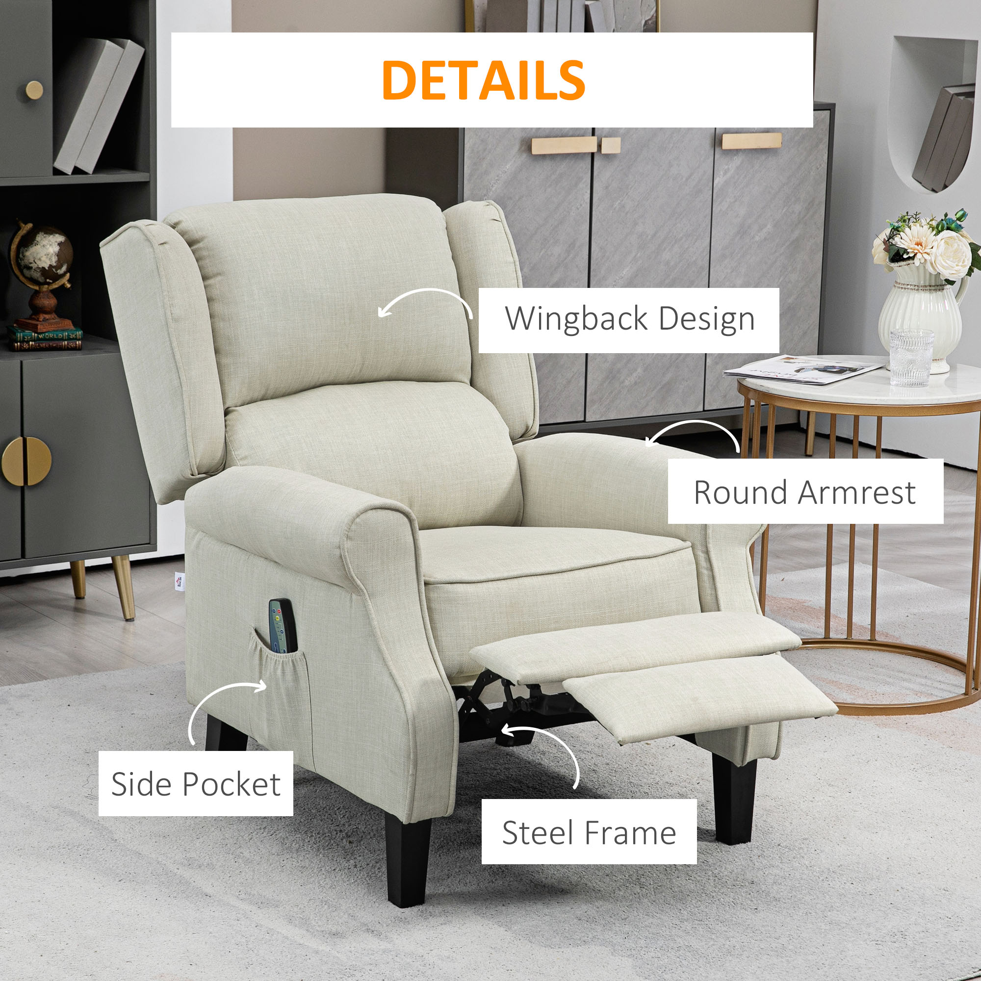 Vibrating Massage Recliner Chair with Heat, Wingback Push Back Reclining Chair for Living Room, Beige