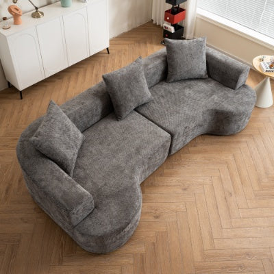 Modern Style Curved Sofa, Soft Corduroy Sofa With 3 Pillows, Living Room Milky White Ultra Smooth Curved Fabric Sofa