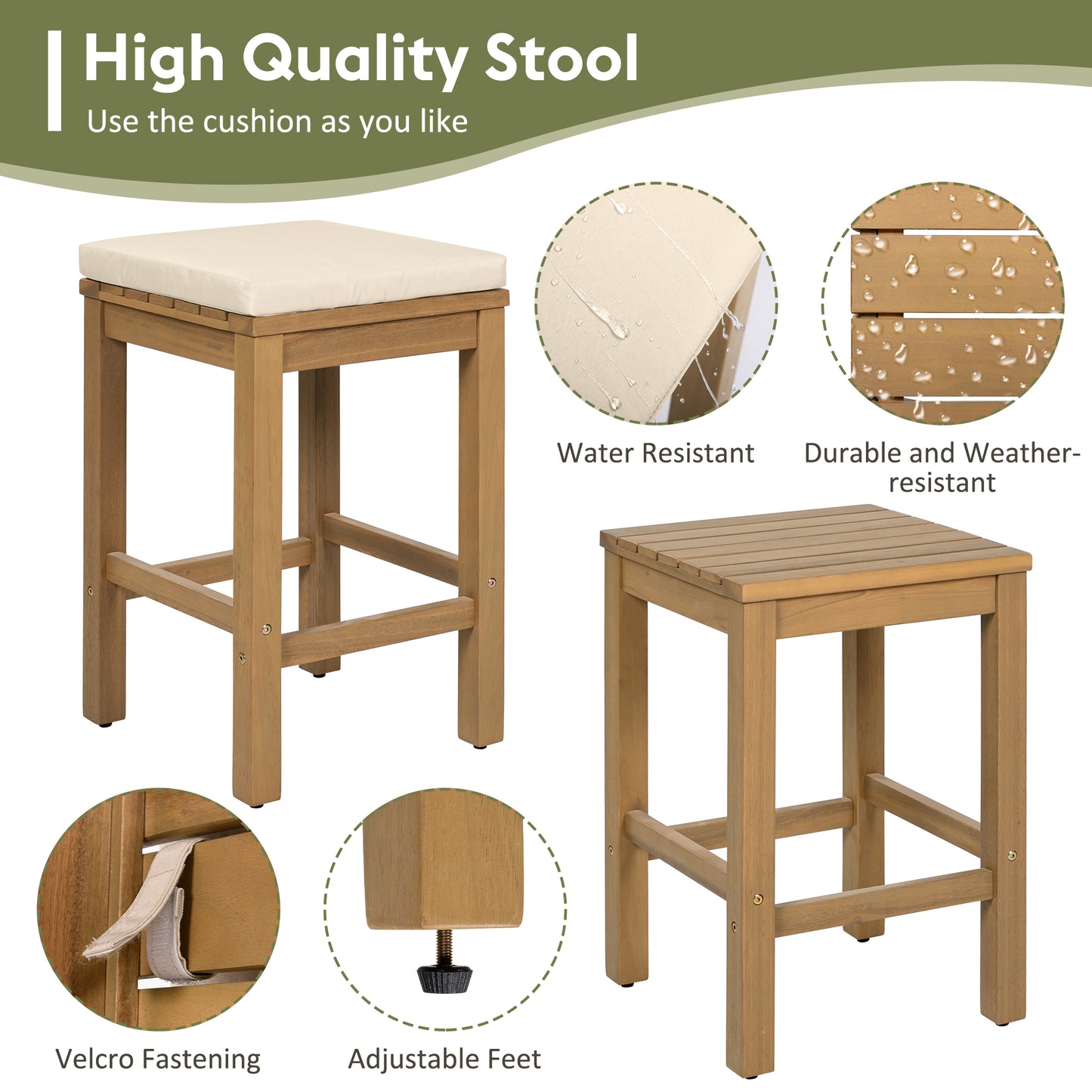 5 Piece Outdoor Bar Set, Patio Acacia Wood Bar Height Table & Four Stools With Cushions, Wood Dining Bar Set For Backyard, Poolside, Balcony, Beige