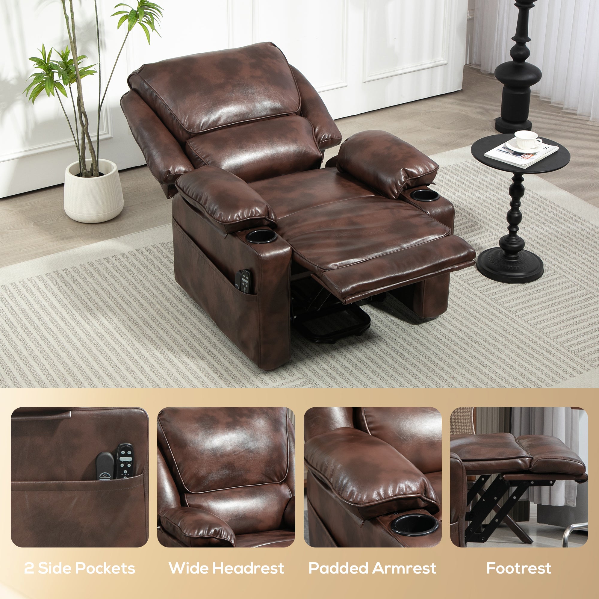 Power Lift Chair for Elderly, Faux Leather Recliner Sofa with Vibration Massage and Heat, Remote, Side Pockets, Brown