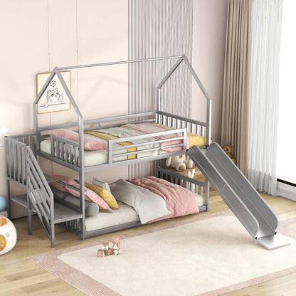 Twin Over Twin Metal Bunk Bed House Bed With Slide And Staircase, Silver