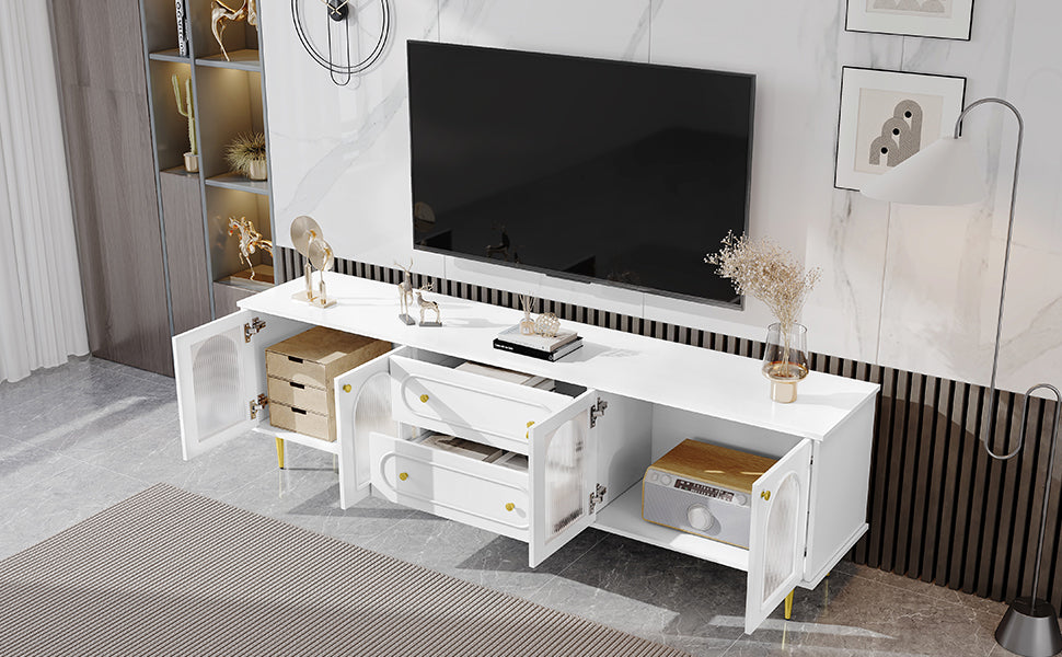 VIBE HAUS 78.7 Modern TV Stand, TV Cabinet With Five Metal Legs And Metal Handles, 2 Drawers And 2 Cabinets With Fluted Glass Doors For Living Room, Up To 80