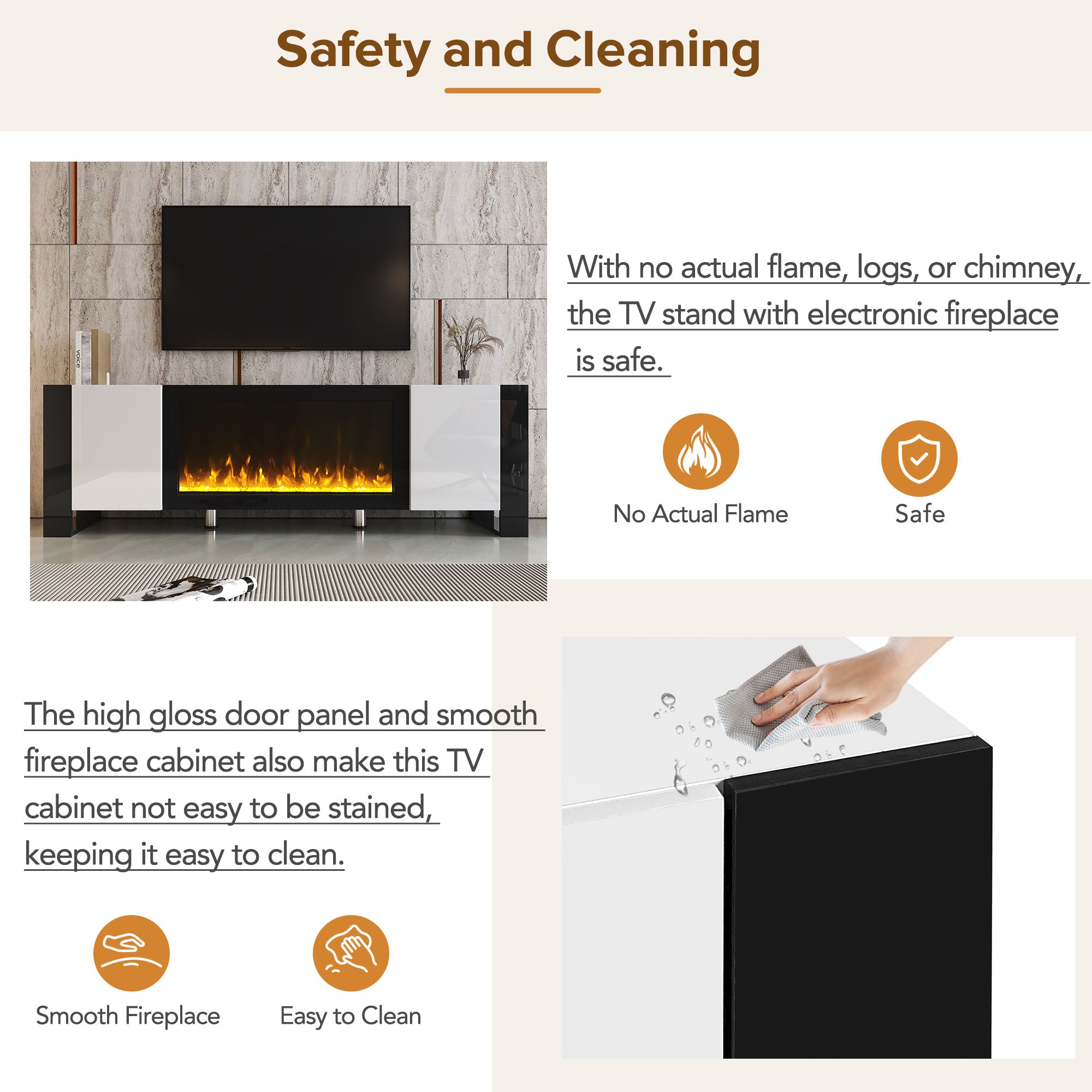 ON-TREND Modern TV Stand With 34.2 Non-heating Electric Fireplace, High Gloss Entertainment Center With 2 Cabinets, Media Console For TVs Up To 78, White