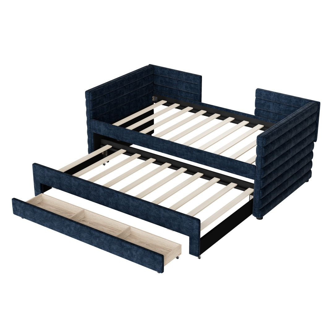 Twin Size Upholstered Daybed With Trundle And 3 Storage Drawers, Chenille Fabric Sofa Bed For Guest Room, Living Room, Space-Saving Modern Day Bed Frame, No Box Spring Needed