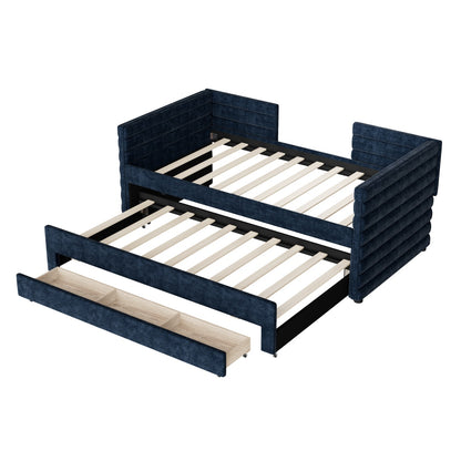 Twin Size Upholstered Daybed With Trundle And 3 Storage Drawers, Chenille Fabric Sofa Bed For Guest Room, Living Room, Space-Saving Modern Day Bed Frame, No Box Spring Needed