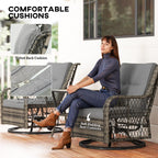3 Piece Outdoor Bistro Set, Wicker Small Patio Furniture Set With Swivel Glider Chairs For Balcony, Porch, Gray