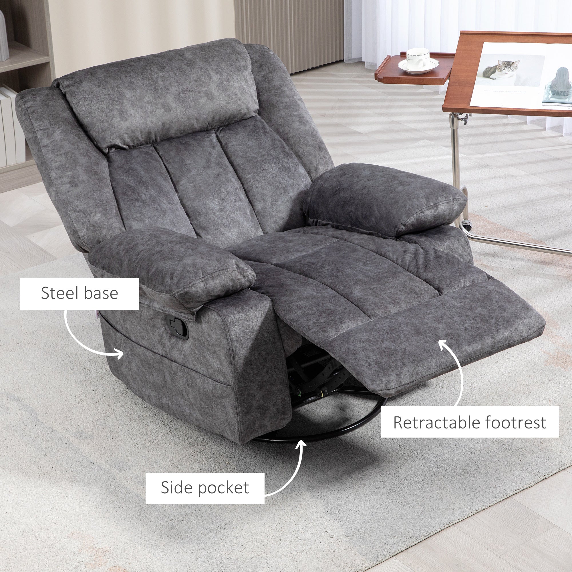 Rocker Recliner Chair with Swivel, Fabric Reclining Chair with Cushion, Rocking Chair with Footrest, Charcoal Gray