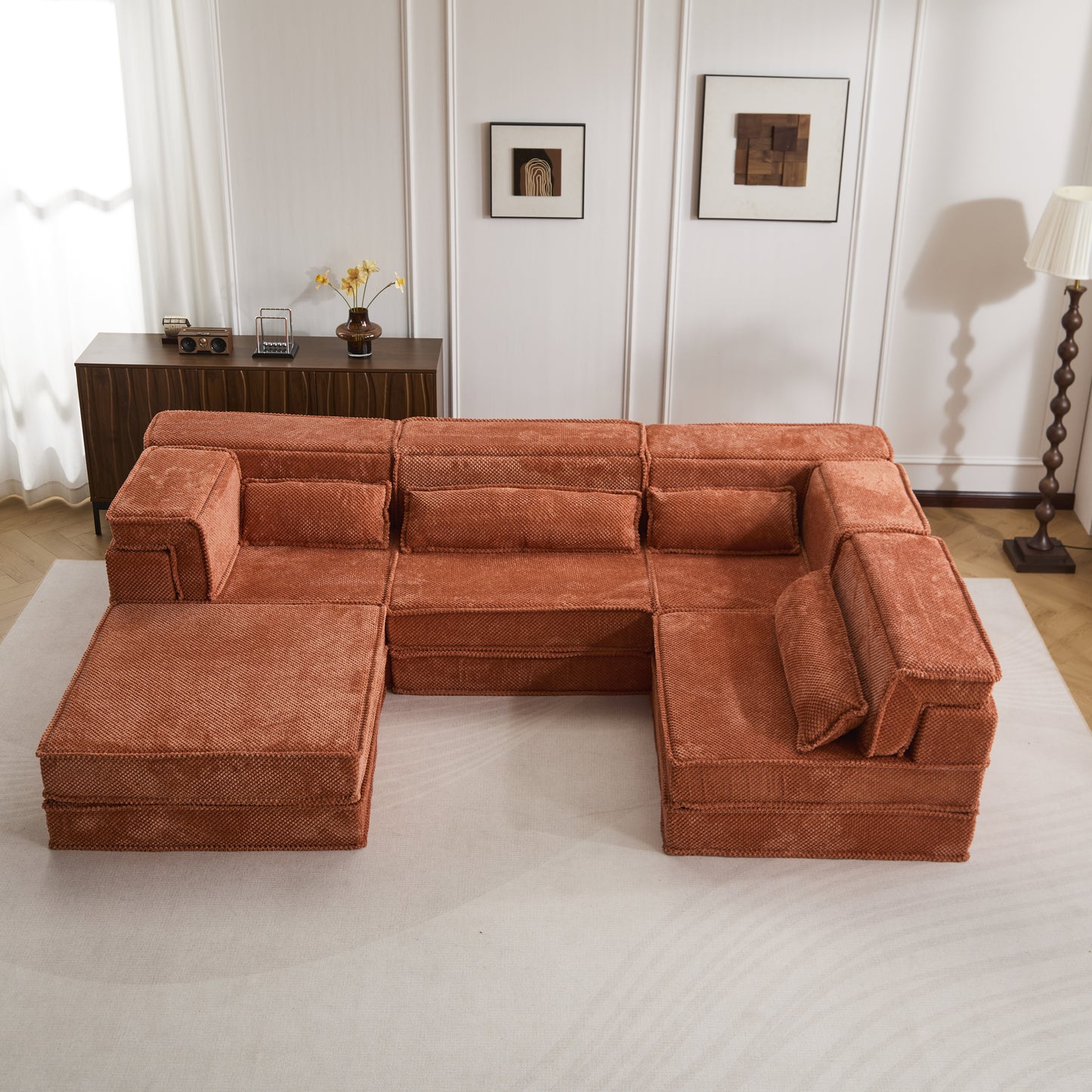 Compression Mahjong Sofa,Convertible Floor Sofa Bed,DIY Boneless Modular Sectional Sofa,No Assembly Required,Circle Fleece Fabric,Oversized 4 Seater With 1 Ottoman,Orange