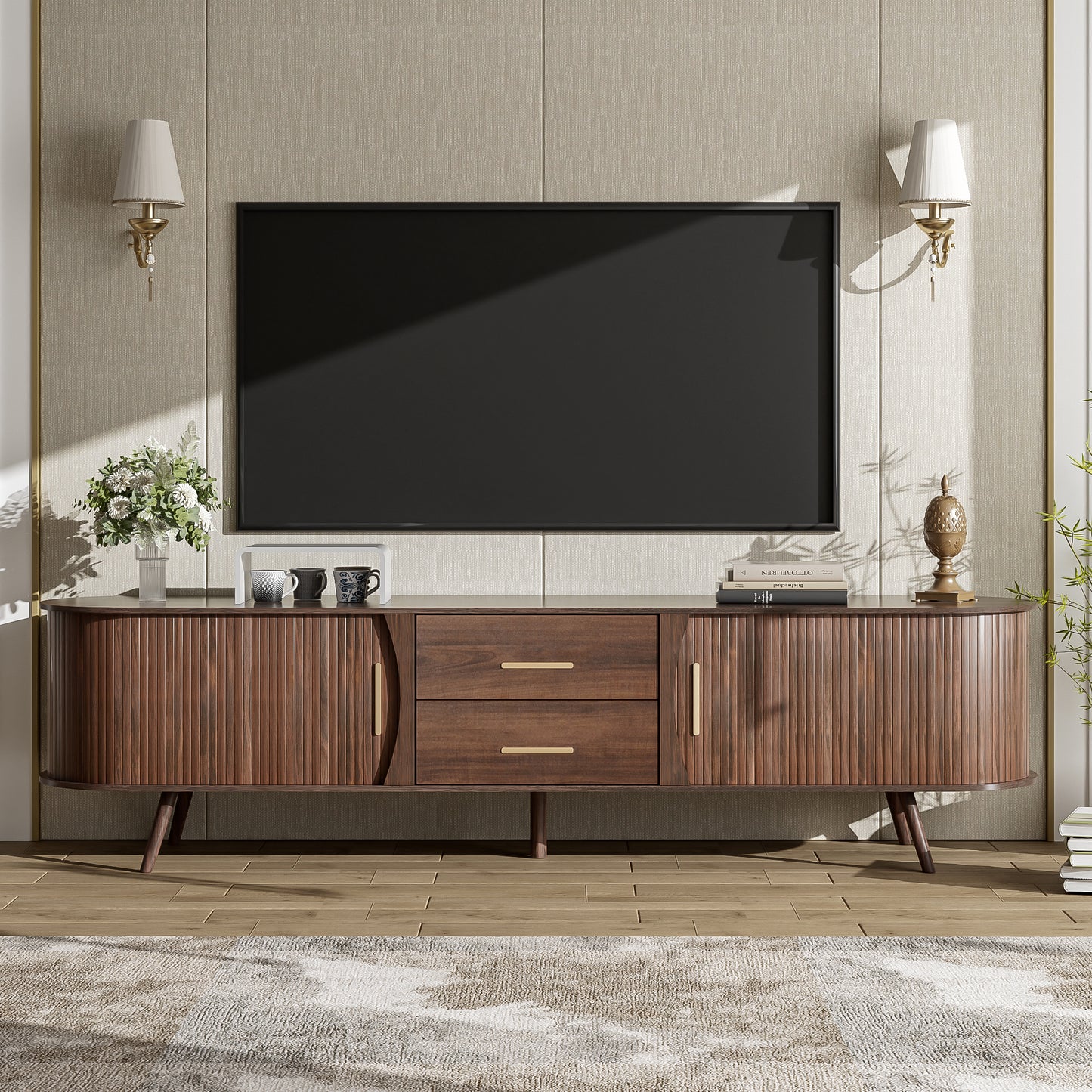 Mid-Century Modern TV Stand For 80  TV, Entertainment Center With Storage For Living Room, Bedroom, Media Console Table With 2 Drawers