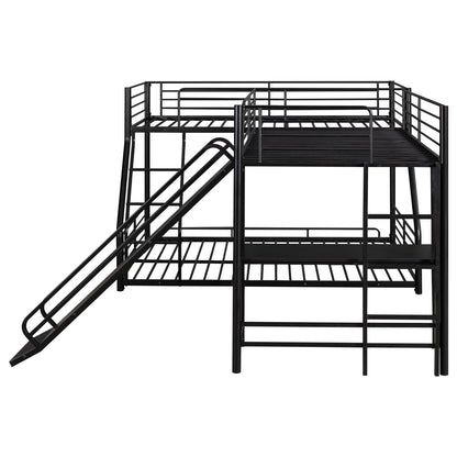 L-Shaped Twin Full Bunk Bed With Loft, Desk  Slide, Black