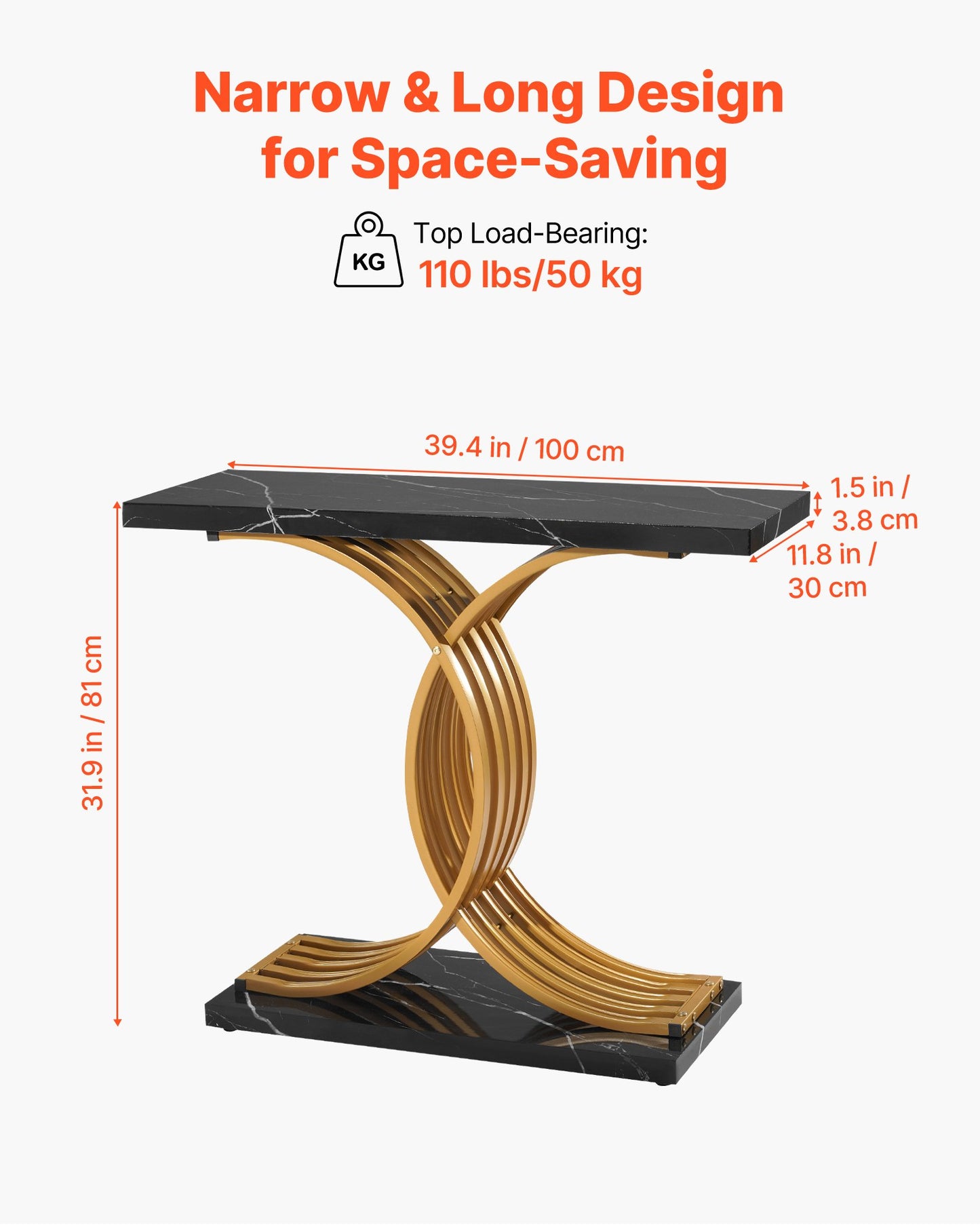 39 In Gold Console Table, Modern Desk Behind The Couch, Wood Rectangle Entrance Desk, Narrow Long Sofa Table Accent Stand With Metal Legs For Hallway, Bedroom, Living Room, Foyer, Easy Assembly