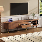 Assembly Video Wooden Oval Fluted TV Stand With Charging Station For TV Up To 80, Mid-Century Media Console With Sliding Tambour Door, Farmhouse TV Cabinet With Golden Handle For Living Room, Walnut