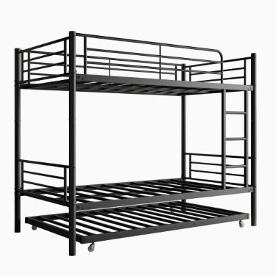 Twin Bunk Bed With Trundle Metal Bunkbeds With Ladder And Full-Length Guardrail, Noise Free, No Box Spring Needed, Black
