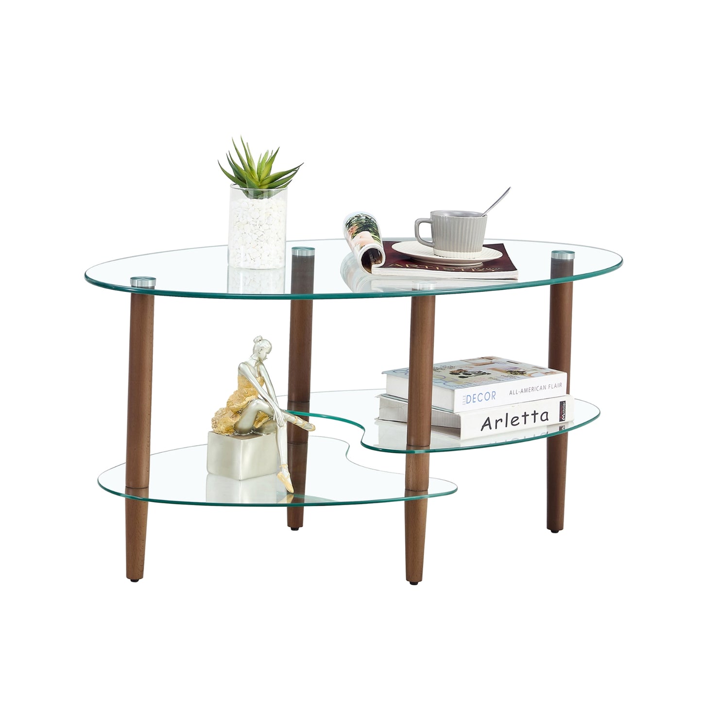 Transparent Oval Glass Coffee Table, 3-Layer Oak Leg Modern Living Room Table