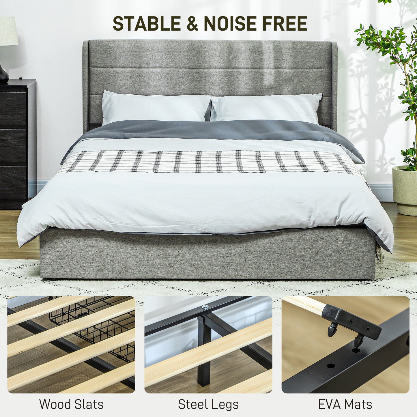 Queen Bed Frame with Storage Drawers, Queen Size Bed Base with Headboard, Wood Slats, Noise-Free, Light Gray